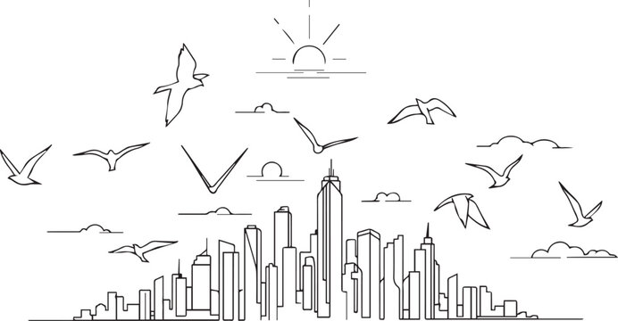 City skyline silhouette features modern skyscrapers surrounded by flying birds and a rising sun in a minimalist continuous line art style.