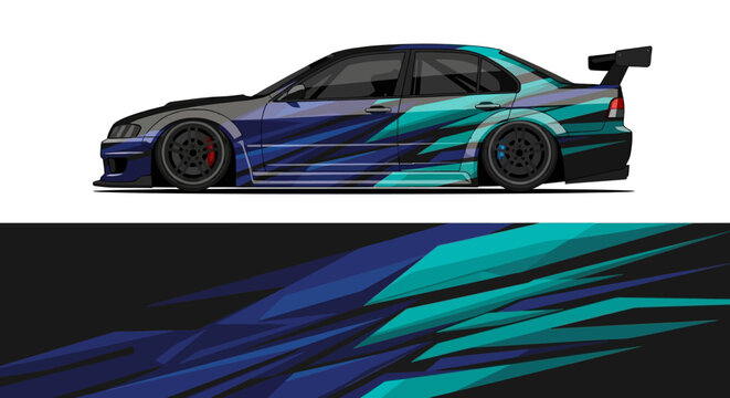 Stylized blue race car portrait with dynamic swoosh accents and vibrant lines.