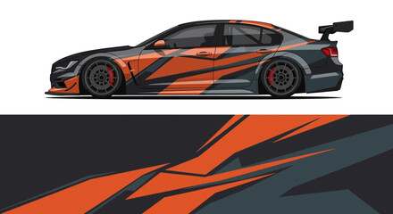 Naklejka premium Sleek race car with bold orange and black graphics on a dark surface.