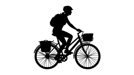 Obraz premium Vector silhouette of cyclist riding bicycle with helmet, backpack, basket and pannier, transportation landmark art