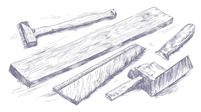 Hand-drawn, isometric illustration of woodworking tools and wood planks, in a monochromatic style