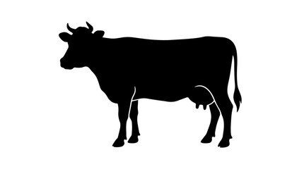 Fototapeta premium Vector silhouette of dairy cow with horns, ears and udder, agricultural livestock landmark art