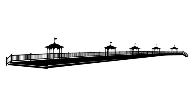 Vector silhouette of long pier with pavilion roofs and flags, coastal architectural landmark art