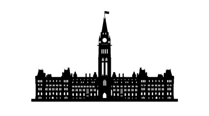 Obraz premium Vector silhouette of parliamentary building with central clock tower and flag, historic architectural landmark art