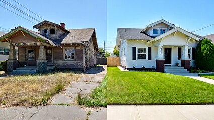 Fototapeta premium Before and after renovation shows old house transformed with dilapidated facade replaced by bright new siding, improving exterior and revitalizing property value overall transformation project.