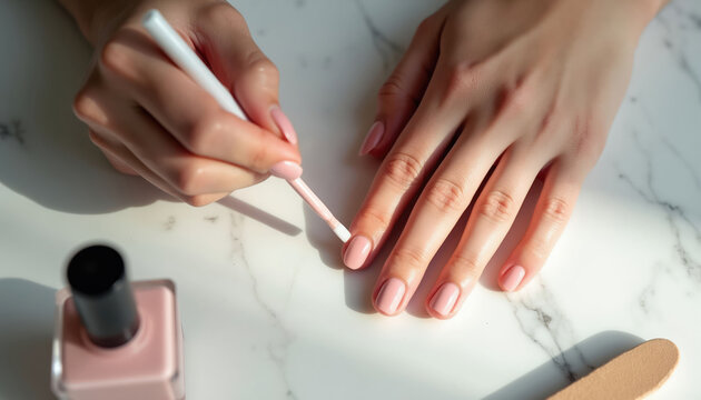 Woman applies sheer pink nail polish to her fingernails at home. She uses a brush and a bottle of polish on a marble table. A nail file is nearby.