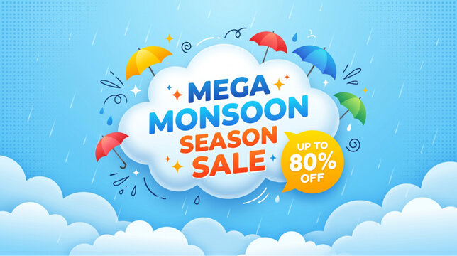 Mega monsoon season sale banner with colorful umbrellas and doodle clouds in blue sky for seasonal shopping discount and retail marketing design

