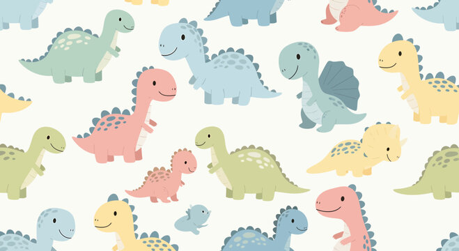 Cute Dinosaur Pattern, Kawaii Baby Dinosaurs Seamless Background, Kids Vector Illustration