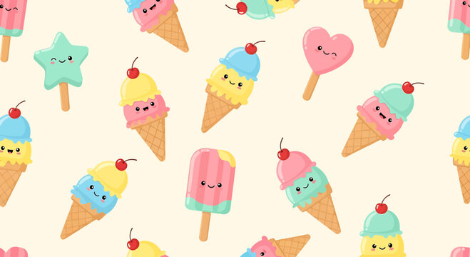 Cute Kawaii Ice Cream Characters Seamless Pattern, Summer Sweet Treats