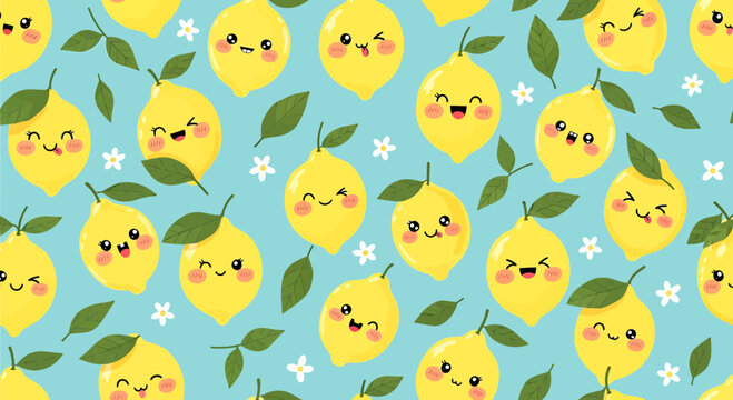 Cute Kawaii Lemons Pattern with Leaves and Flowers on Blue Background