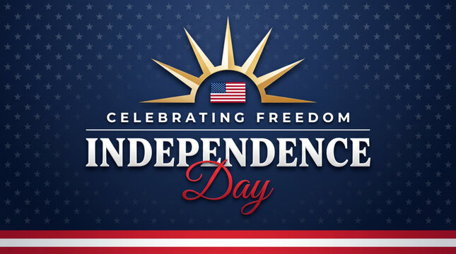 Independence day celebration banner with golden liberty crown and American flag on dark blue dotted background for United States freedom holiday
