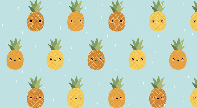 Cute Kawaii Pineapple Pattern, Tropical Fruit Characters with Happy Faces on Blue Background