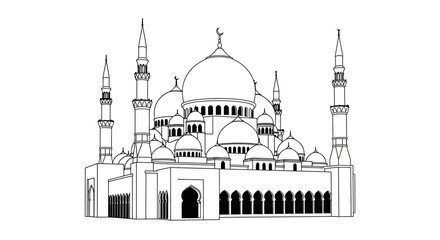 Mosque line drawing with minarets and dome black and white © MDAbujafor