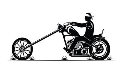 motorcycle rider silhouette with chopper style motorcycle on grassy ground black and white high quality professional detailed modern elegant stylish clean crisp vibrant colorful © ARSM D