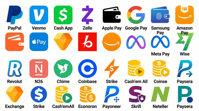 Set of popular digital payment and fintech app logos. PayPal, Venmo, Cash App, Zelle, Apple Pay, Google Pay, Samsung Pay, Amazon Pay, Meta Pay, Wise, Revolut, N26, Chime, Coinbase, Strike