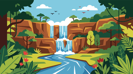 Jungle waterfall landscape with flat design waterfall landscape tropical environment wilderness outdoors tranquil illustration background peaceful adventure exploration discovery © MSTSUMAIYA