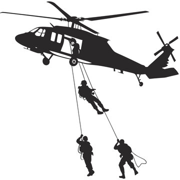 Helicopter rappelling soldiers silhouette with helicopter military soldiers