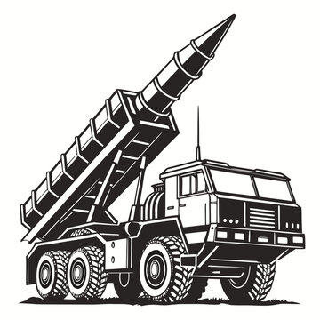 Black and white vector illustration of a military rocket launcher truck