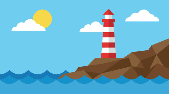 Lighthouse on rocky coastline with sun and clouds flat design lighthouse navigation maritime landscape guidance illustration background outdoors seascape