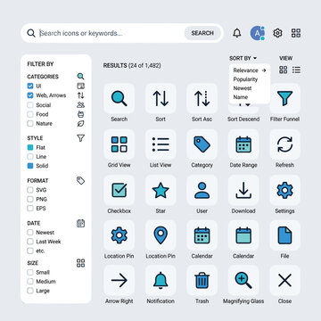Icon Search Interface With Search Bar With Filter Panel