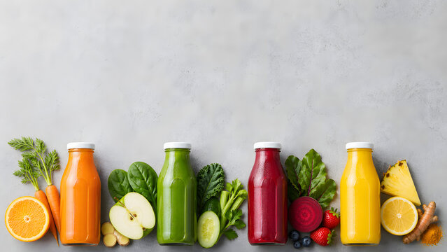 Minimalist flat lay of four colorful cold-pressed juice bottles on grey stone with vast copy space
