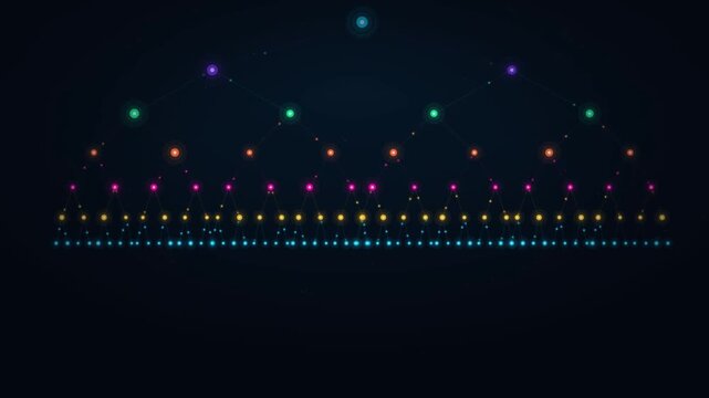 Abstract digital light pattern, glowing geometric data visualization, colorful neon particles on dark background, futuristic motion graphics