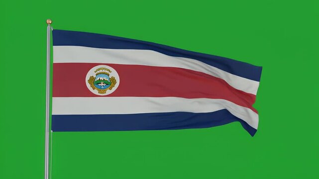 Flag of Costa Rica waving smoothly on a green screen background