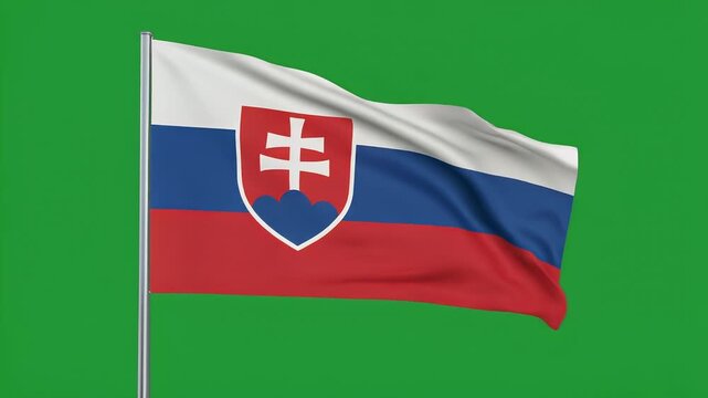 Slovakian flag waving on a green screen with white blue red colors