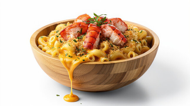 Lobster Mac and Cheese in Bamboo Bowl 30 Degree Angle Isolated on White Background Studio Image