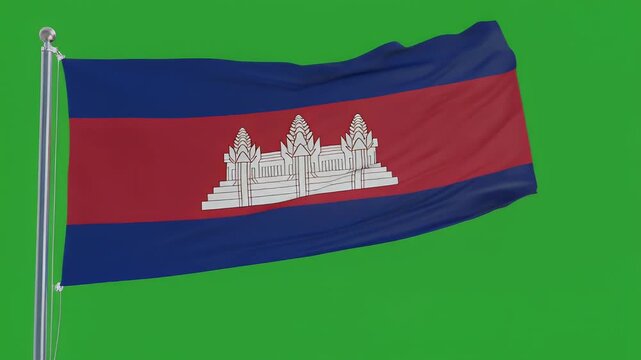 Cambodian flag waving on a green screen with a white emblem
