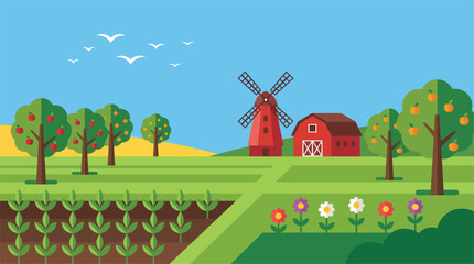 Farm landscape with red windmill barn fruit trees crops blue sky flat design landscape windmill countryside agriculture building cultivation traditional illustration stylized pastoral © MST SUMAIYA