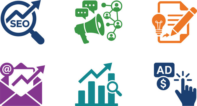 Modern business icon set seo marketing analytics advertising graphics