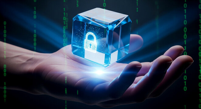 Hand holding glowing blue cube with padlock symbol representing digital security and data protection