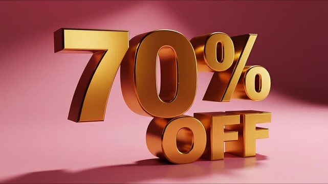 Golden 70 percent off sale signs on pink background with spotlight.