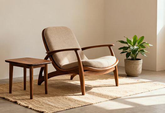 Cozy minimalist modern living room, mid-century lounge chair, compact wooden side table, beige linen rug, potted plant.