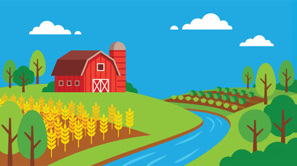 Farm landscape with barn fields river blue sky flat design no people red barn row crops agriculture countryside landscape outdoors pastoral cultivation vegetation illustration no people © MSTSUMAIYA