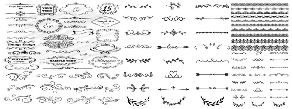 Vintage vector set of ornate frames with old letters and numbers in decorative calligraphic style