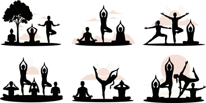 yoga poses illustrations for mindfulness and exercise routines with people in various positions