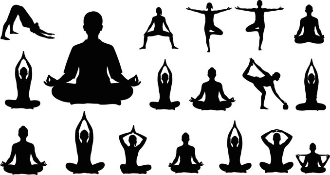 collection of people in various yoga poses and meditation isolated on white background