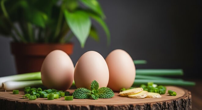 Three brown eggs with mint and scallions on wooden board, natural lighting