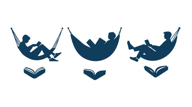 Silhouettes enjoying leisure reading books while relaxing on hammocks against a white backdrop