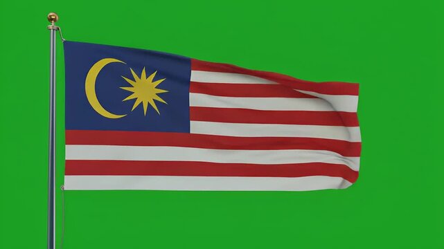 Malaysian flag waving on a pole with green screen background