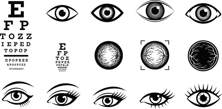 eye chart and various human eye illustrations for vision and ophthalmology concepts  medical icons