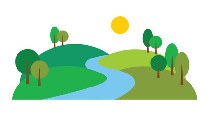 Rolling green hills with winding river and trees blue sky flat design no people yellow sun blue water landscape outdoors daylight meandering pastoral countryside environment vegetation © MST SUMAIYA