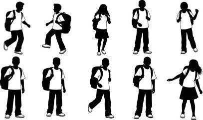 Fototapeta premium collection of silhouetted school children with backpacks walking and standing on white background