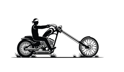 silhouette of a motorcyclist riding a chopper motorcycle with a bandana black and white high quality professional detailed modern elegant stylish clean crisp vibrant © ARSM D