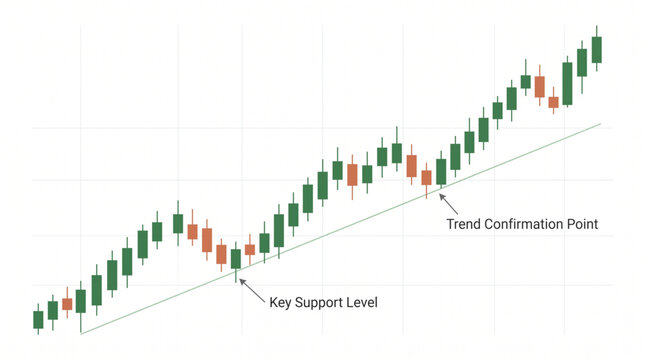 Bullish candlestick stock market chart with ascending trendline showing key support level and trend confirmation point, financial data visualization for trading and technical analysis vector