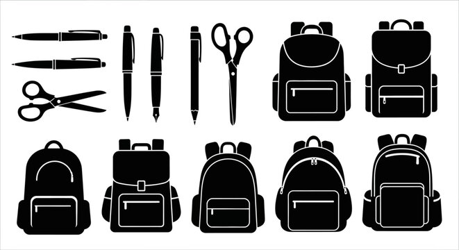 black silhouettes of school supplies and backpacks on white background