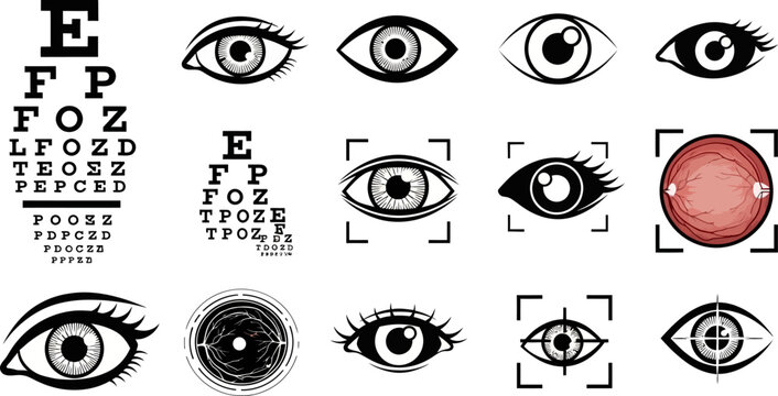 eye chart and various eye illustrations for vision and ophthalmology concepts