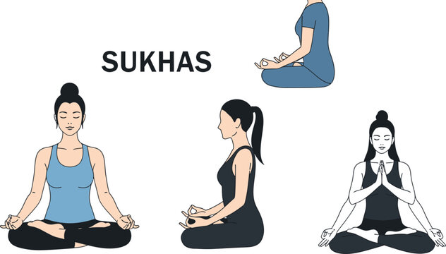 Four women in different yoga poses sitting in lotus position on white background
